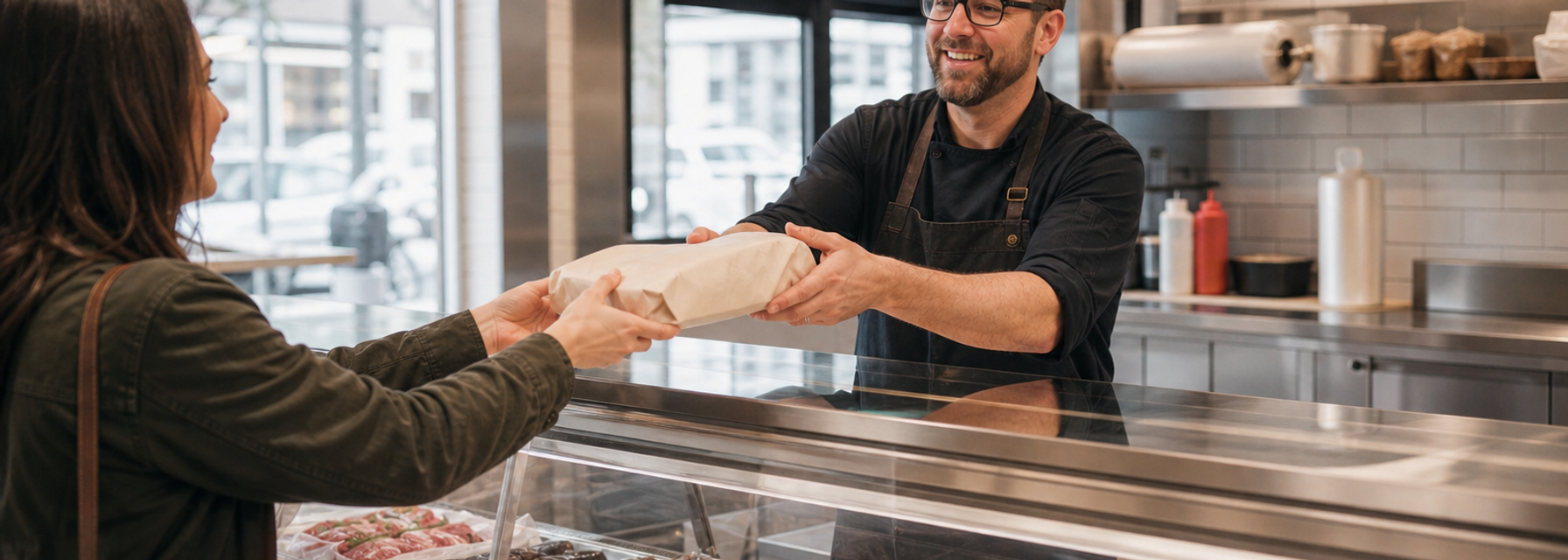 Butcher handing a wrapped package to a customer across a clean service counter